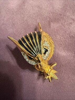 Jomaz Gold-tone Owl Brooch with Black Enamel and Clear Crystal Accents